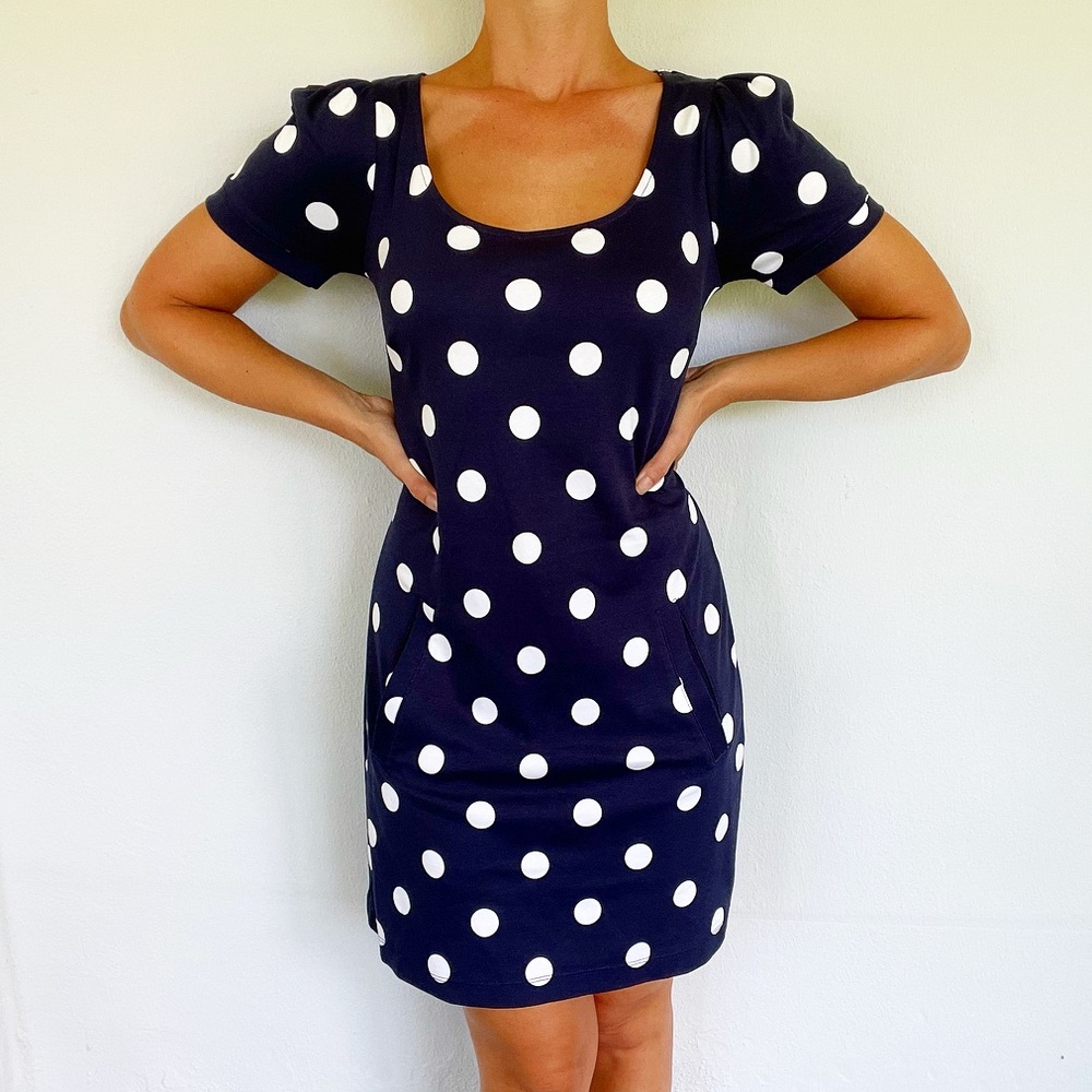 NY&Co navy blue white polka dot shift pocket dress size XS